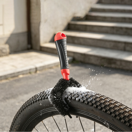 3-Piece Multi-Purpose Bike Cleaning Brush Set, Detailing Scrubber Kit for Bicycle & Motorcycle Chains and Wheels, Black with Red Accents