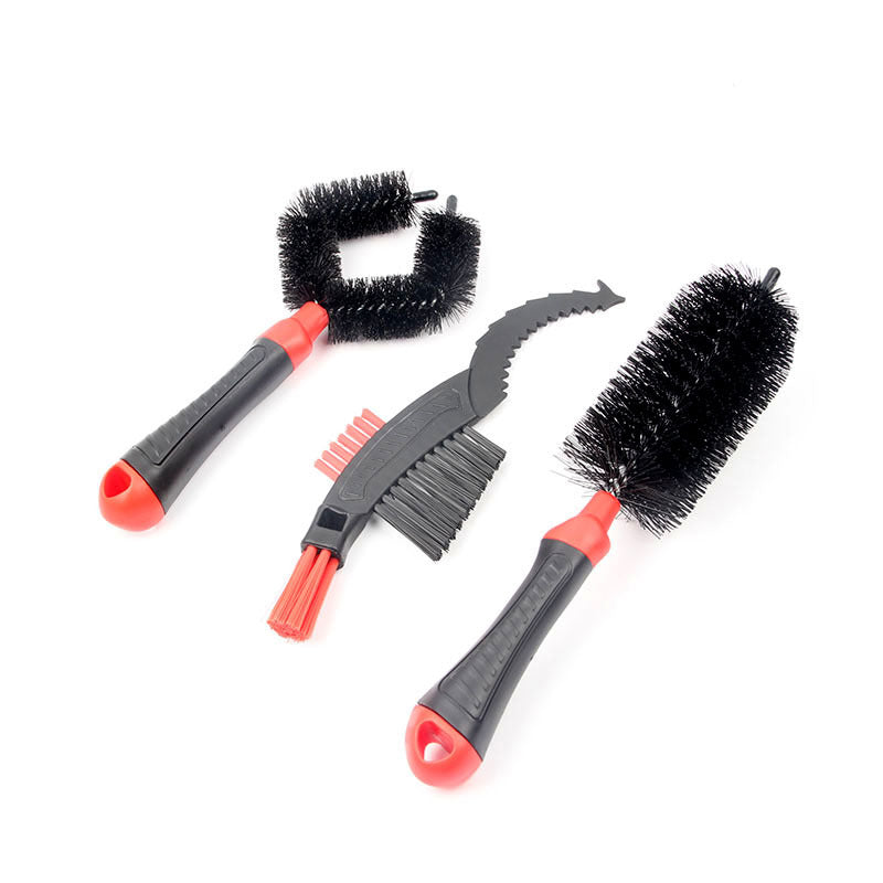 3-Piece Multi-Purpose Bike Cleaning Brush Set, Detailing Scrubber Kit for Bicycle & Motorcycle Chains and Wheels, Black with Red Accents