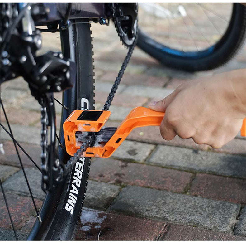 Motorcycle & Bicycle Chain Cleaning Brush Tool, Dual-Head 3-Sided Scrubber for Sprockets, Orange