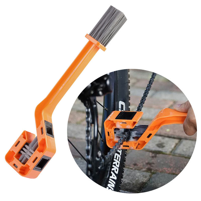 Motorcycle & Bicycle Chain Cleaning Brush Tool, Dual-Head 3-Sided Scrubber for Sprockets, Orange