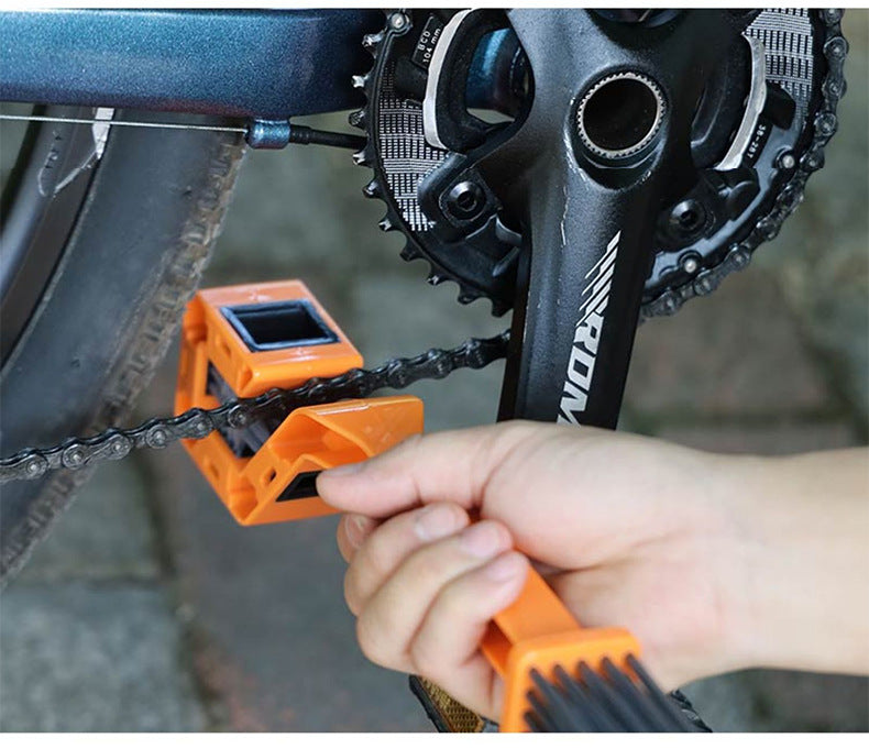 Motorcycle & Bicycle Chain Cleaning Brush Tool, Dual-Head 3-Sided Scrubber for Sprockets, Orange