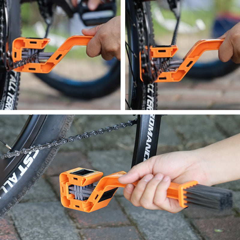 Motorcycle & Bicycle Chain Cleaning Brush Tool, Dual-Head 3-Sided Scrubber for Sprockets, Orange