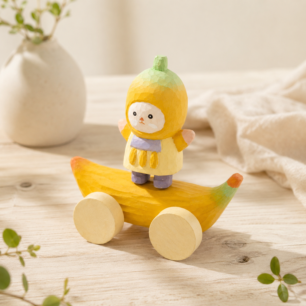 Painted Wooden Banana Vehicle Ornament with Standing Figure, Shelf and Desk Decor,