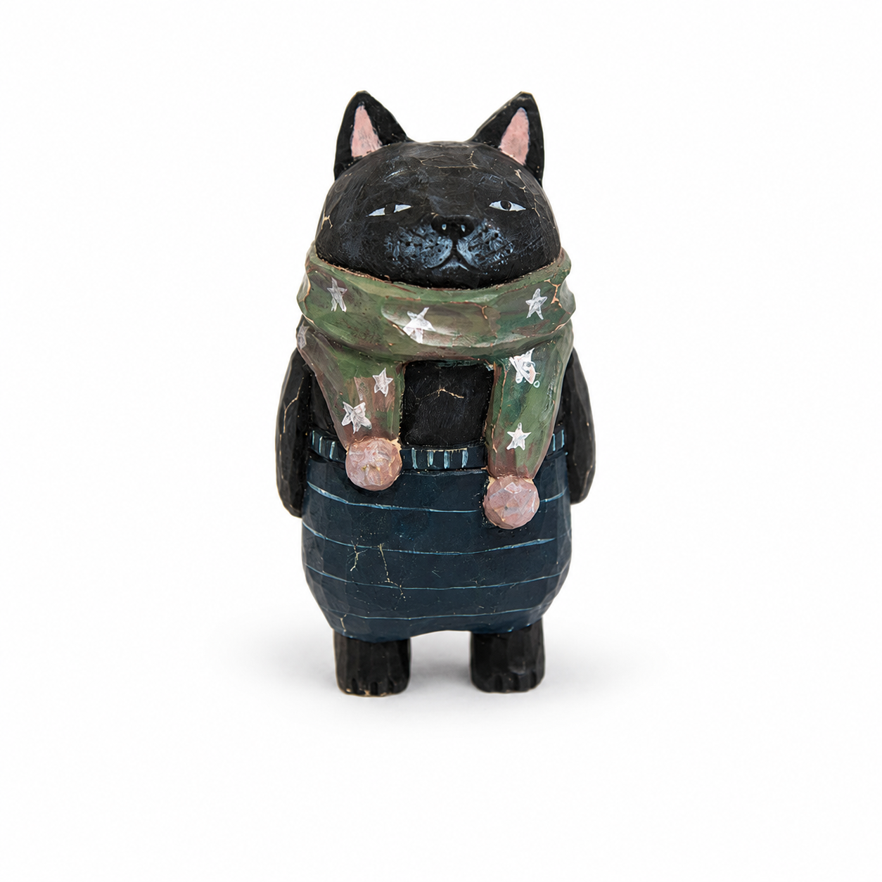 Wooden Carved Black Cat Figurine  Painted Basswood Cat Shelf Decor