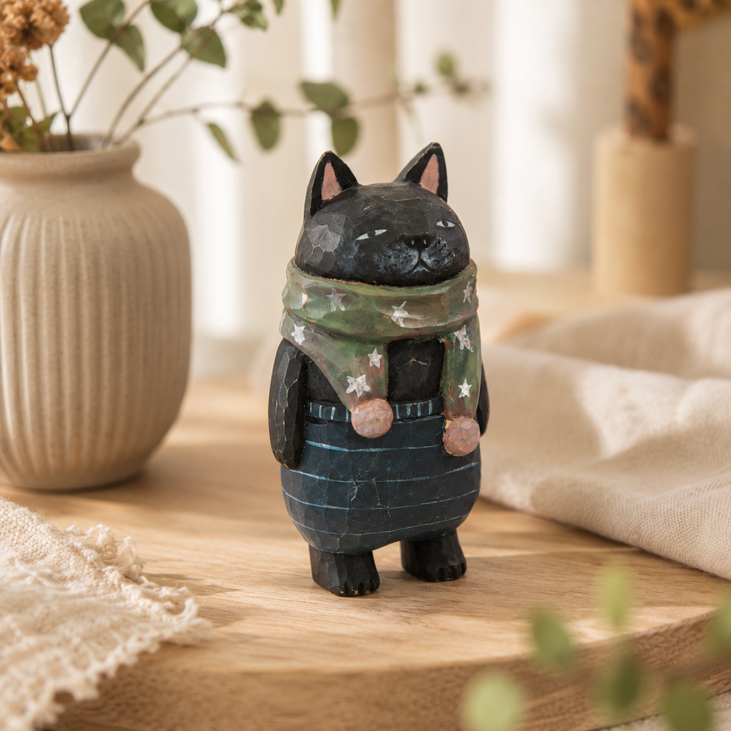 Wooden Carved Black Cat Figurine  Painted Basswood Cat Shelf Decor