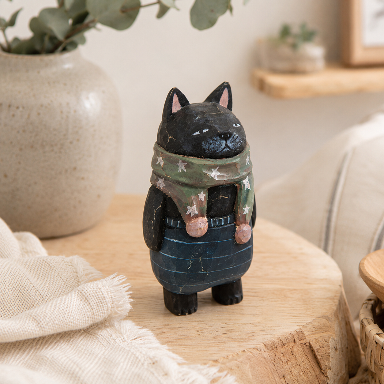 Wooden Carved Black Cat Figurine  Painted Basswood Cat Shelf Decor