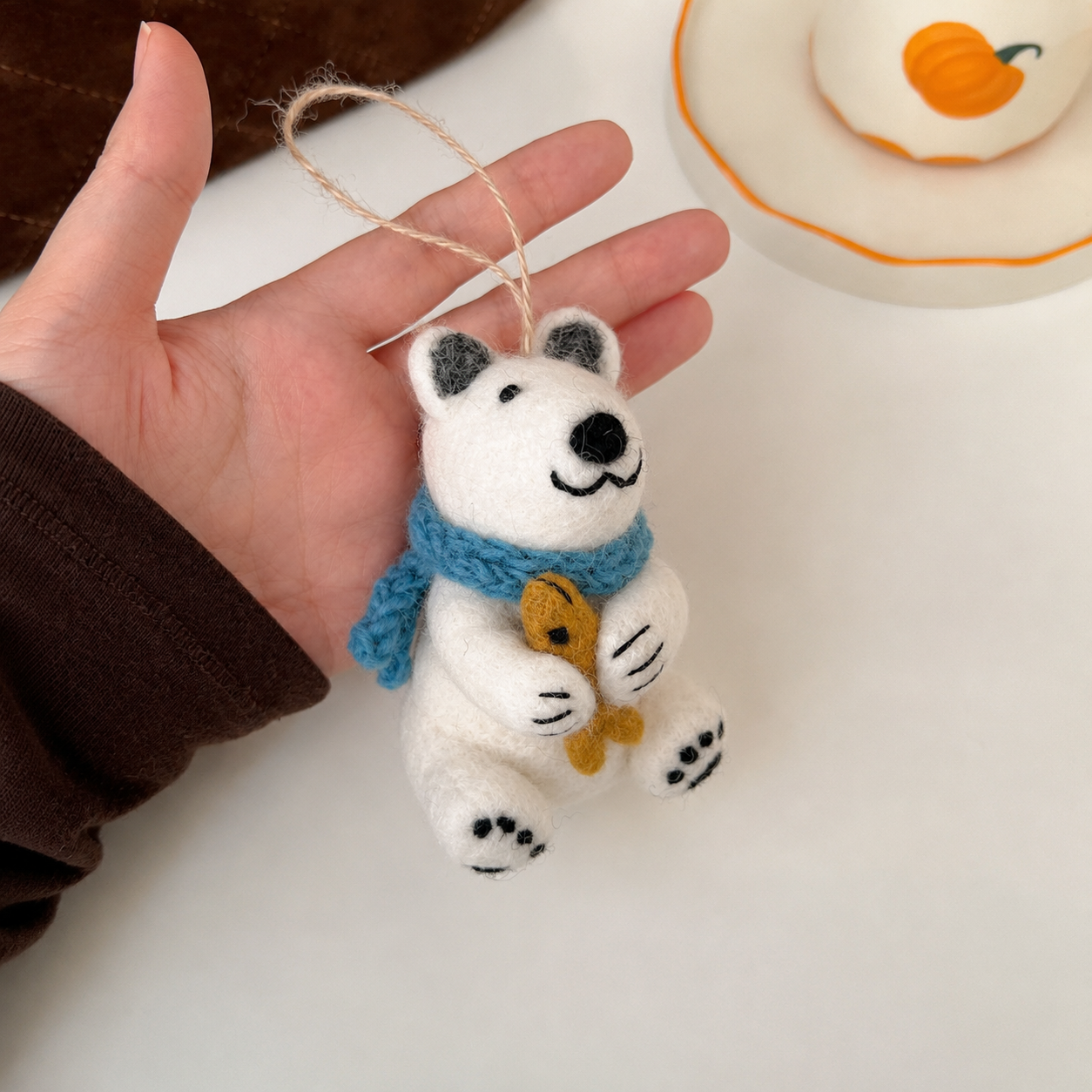 White Felt Bear Hanging Ornament with Blue Scarf and Fish, Small Decorative Figure