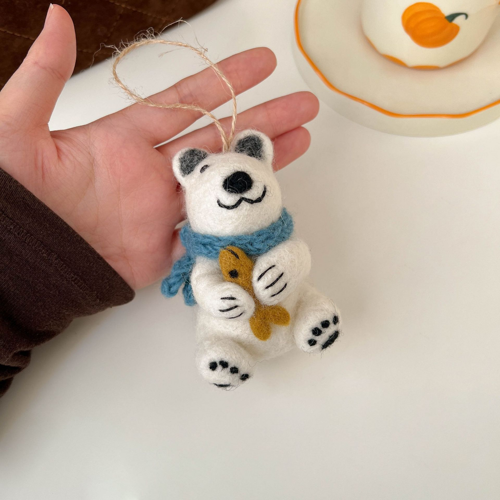 White Felt Bear Hanging Ornament with Blue Scarf and Fish, Small Decorative Figure