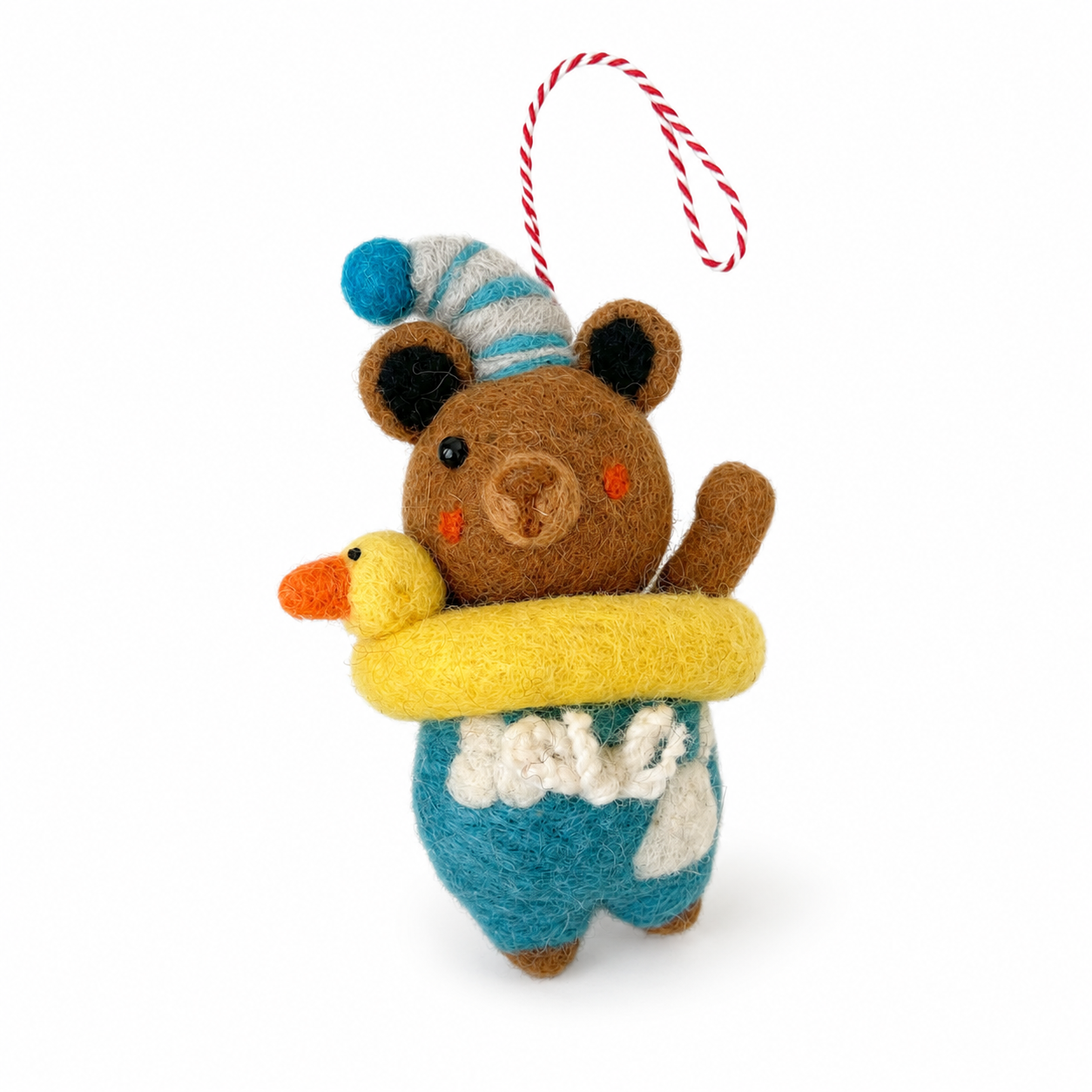 Handmade Felt Bear Hanging Ornament with Duck Float, Brown Animal Decor