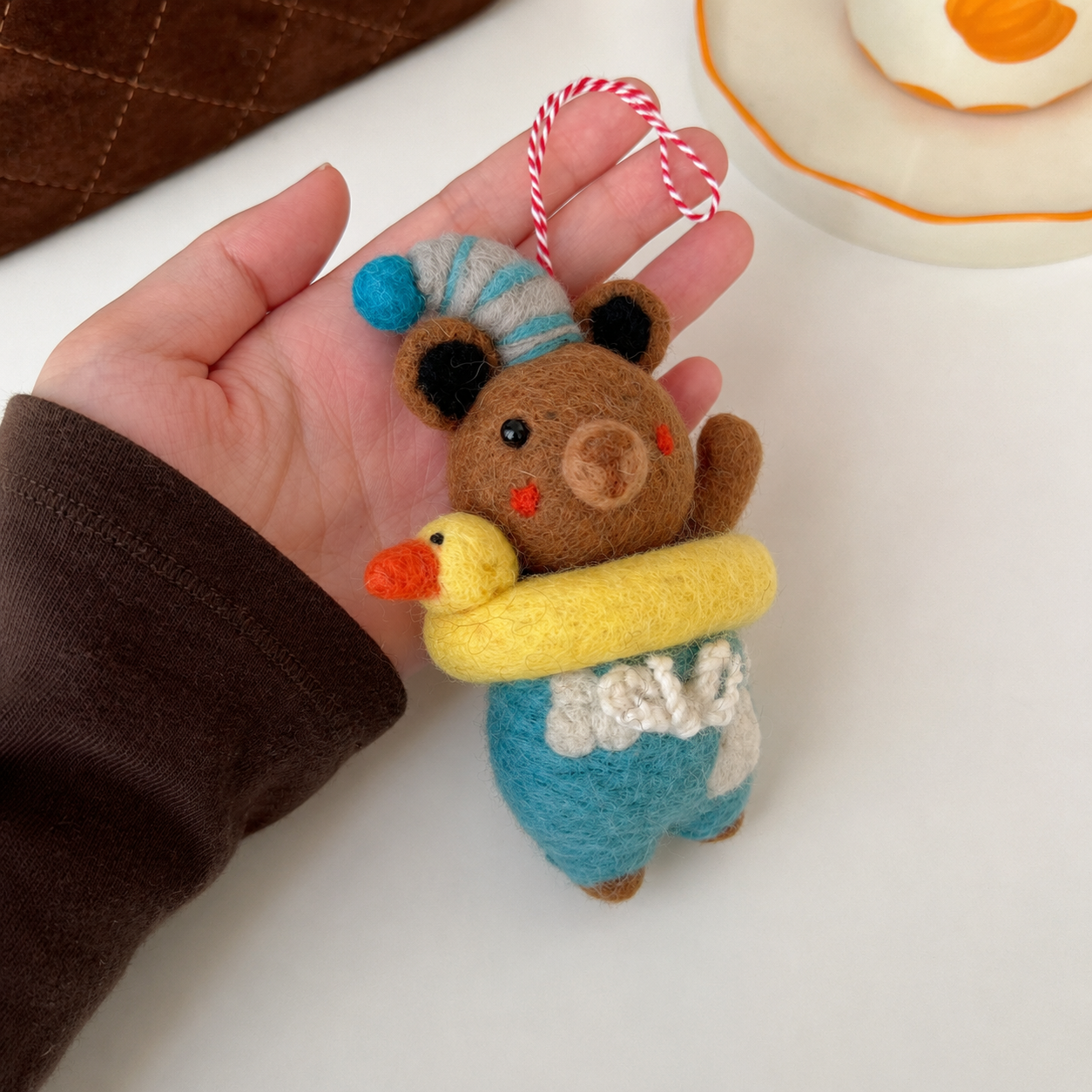 Handmade Felt Bear Hanging Ornament with Duck Float, Brown Animal Decor