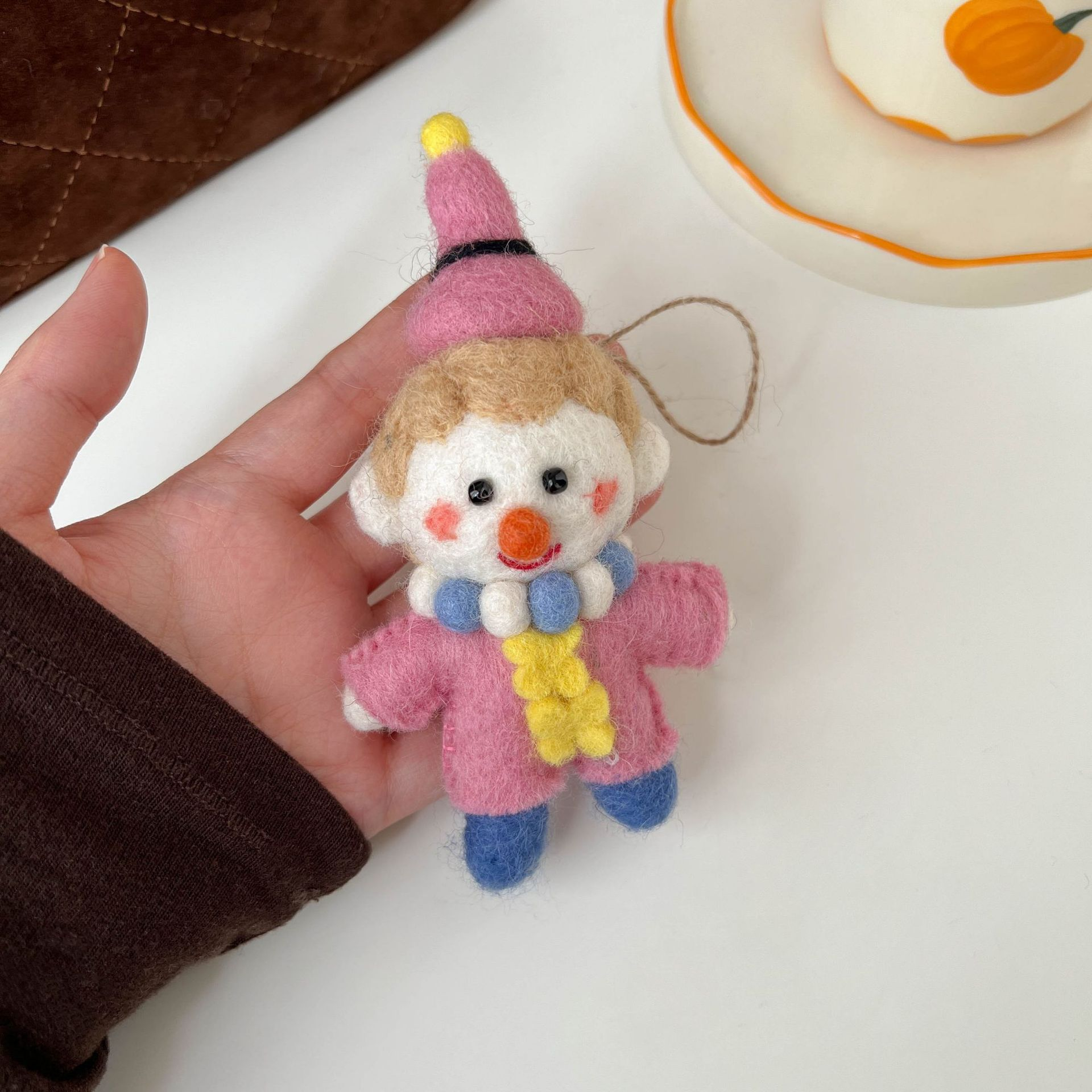 Pink Felt Clown Hanging Ornament, Small Decorative Character Figure for Shelf or Bag