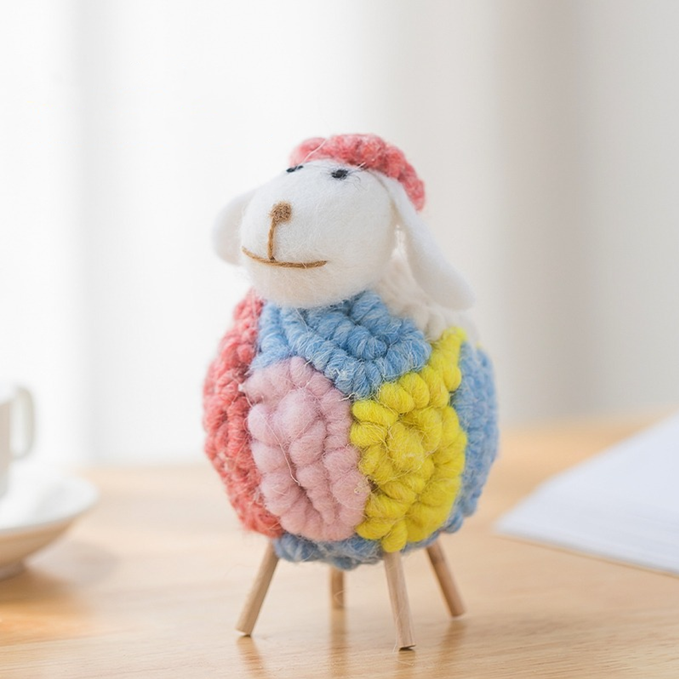 Large Wool Felt Sheep Figurine, Multicolor Animal Tabletop Decor