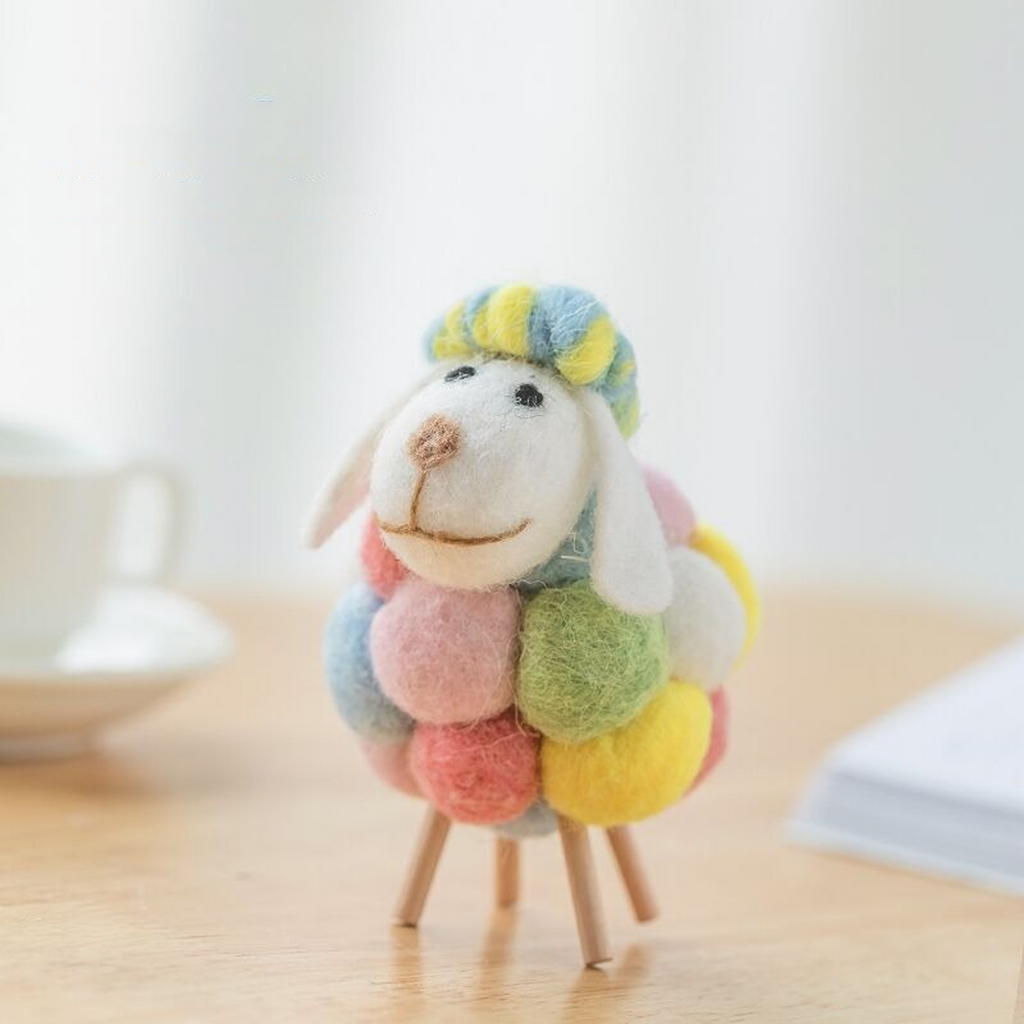 Wool Felt Sheep Figurine, Colorful Small Sheep Tabletop Decor
