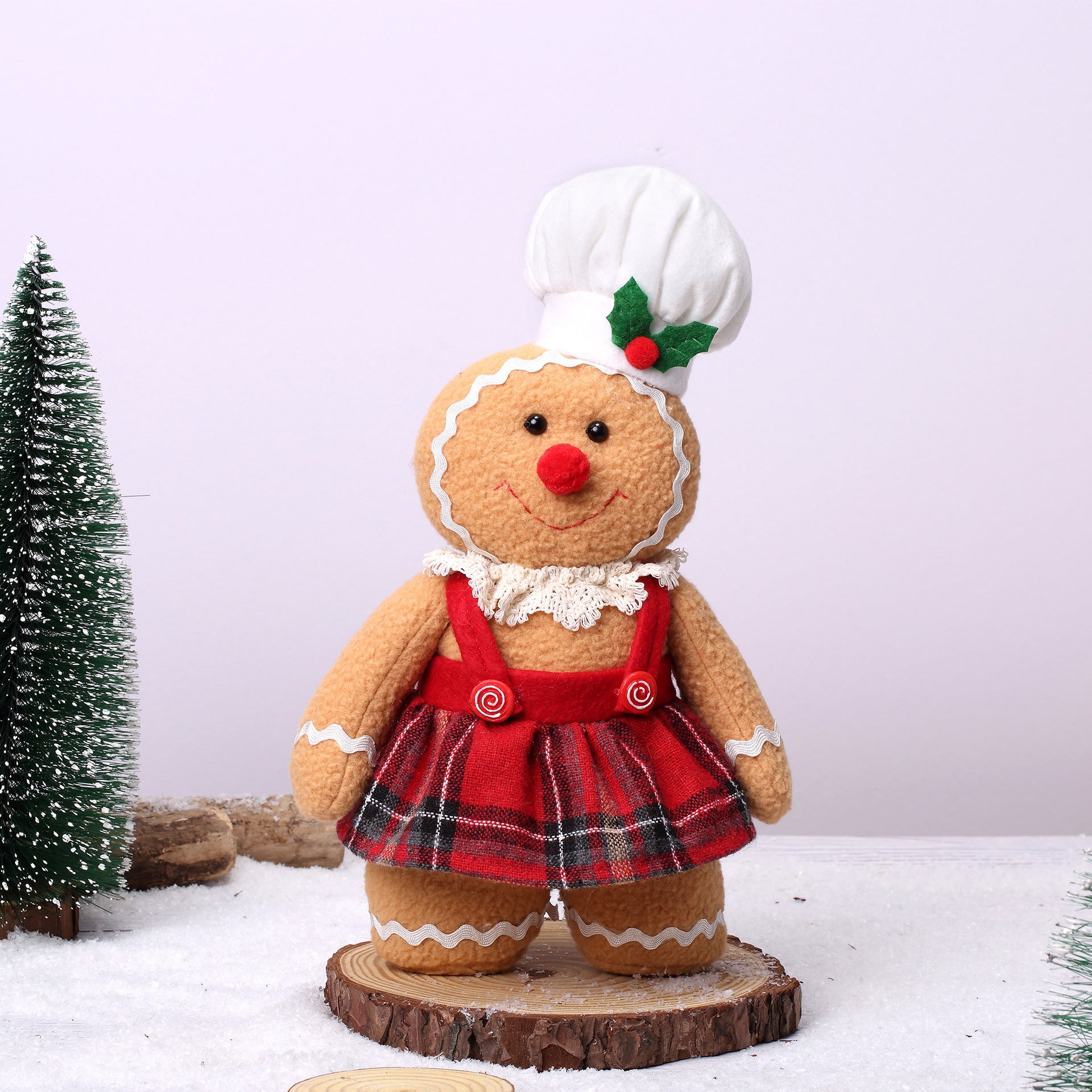 Gingerbread Girl Plush Holiday Decoration, Red Plaid Fabric Shelf Figure