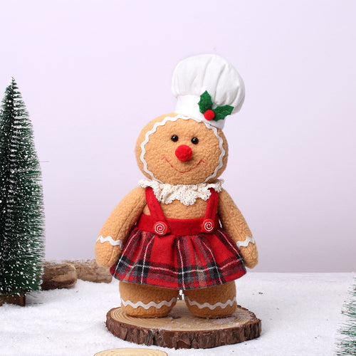 Gingerbread Girl Plush Holiday Decoration, Red Plaid Fabric Shelf Figure