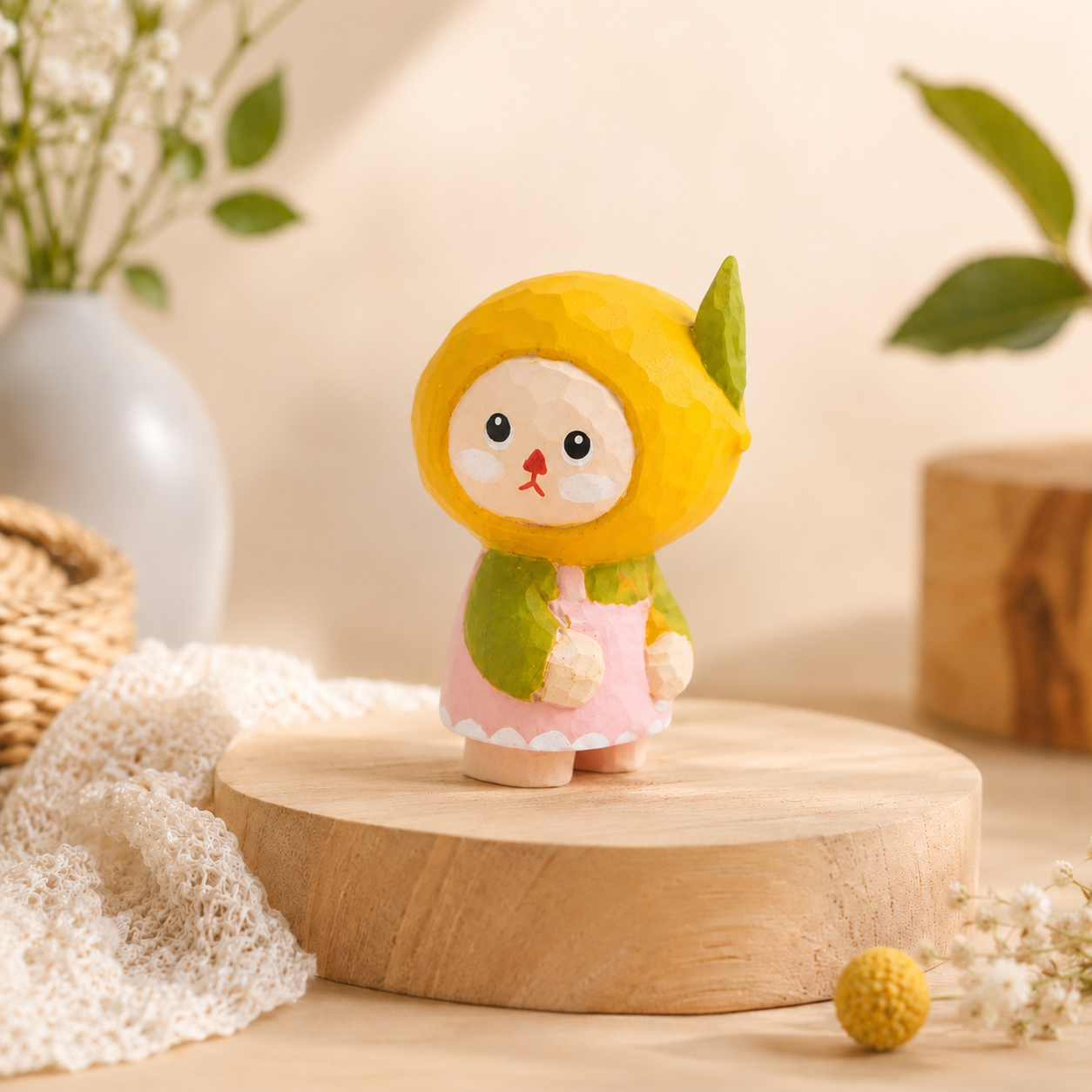 Painted Wooden Lemon Character Figurine, Yellow Tabletop Decor for Shelf or Desk
