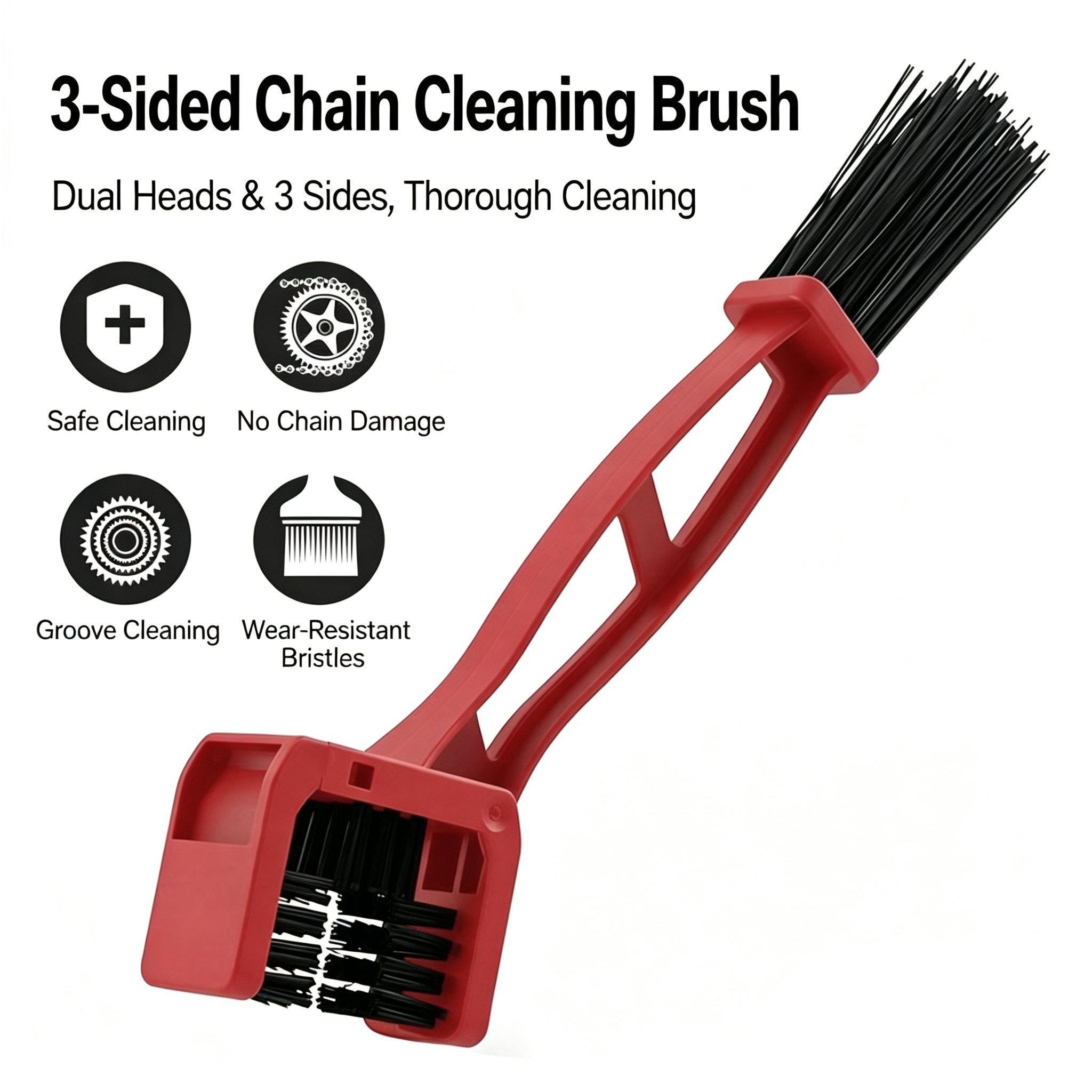 Motorcycle & Bicycle Chain Cleaning Brush, Dual-Head 3-Sided Scrubber Tool for Bike Gears and Cassettes