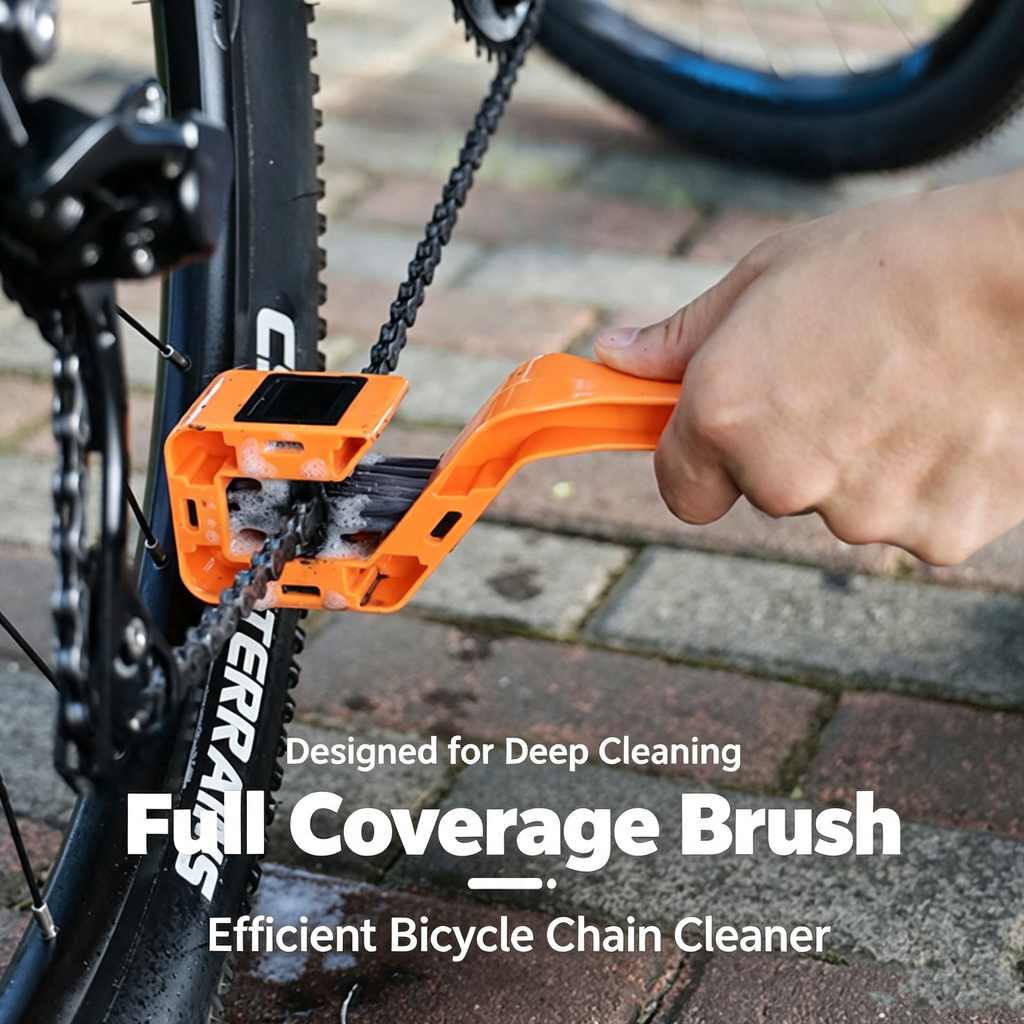 Motorcycle & Bicycle Chain Cleaning Brush Tool, Dual-Head 3-Sided Scrubber for Sprockets, Orange