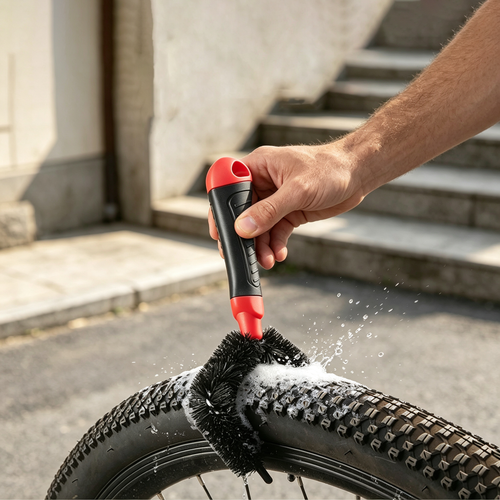3-Piece Multi-Purpose Bike Cleaning Brush Set, Detailing Scrubber Kit for Bicycle & Motorcycle Chains and Wheels, Black with Red Accents